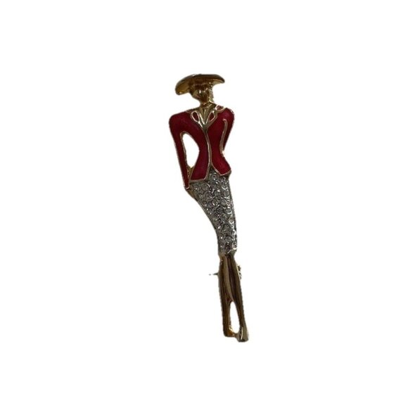 Vintage Elegant Lady Art Rhinestone Gold Tone Pin Red Suite Women’s Stones - Picture 1 of 10